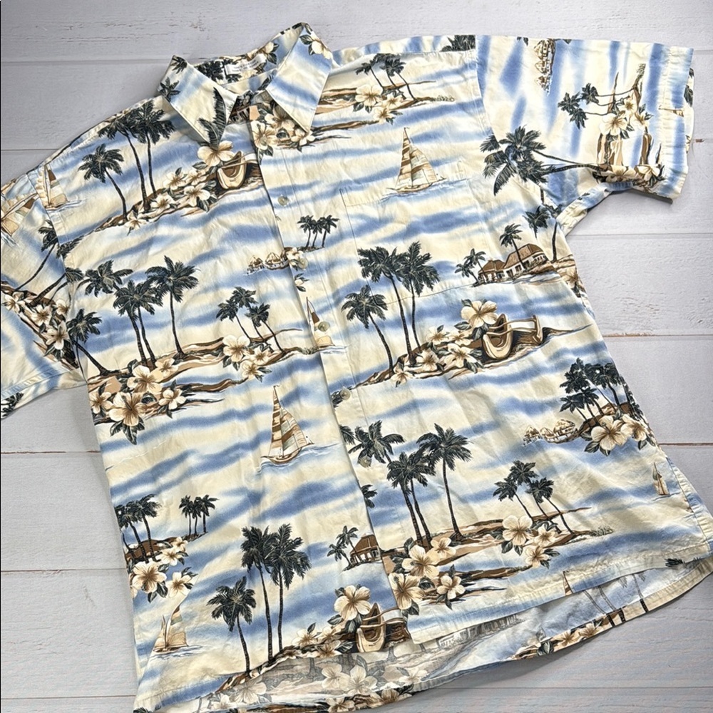 Pierre Cardin Blue Cream Casual Hawaiian Button Down Shirt Island Vibes Size XL